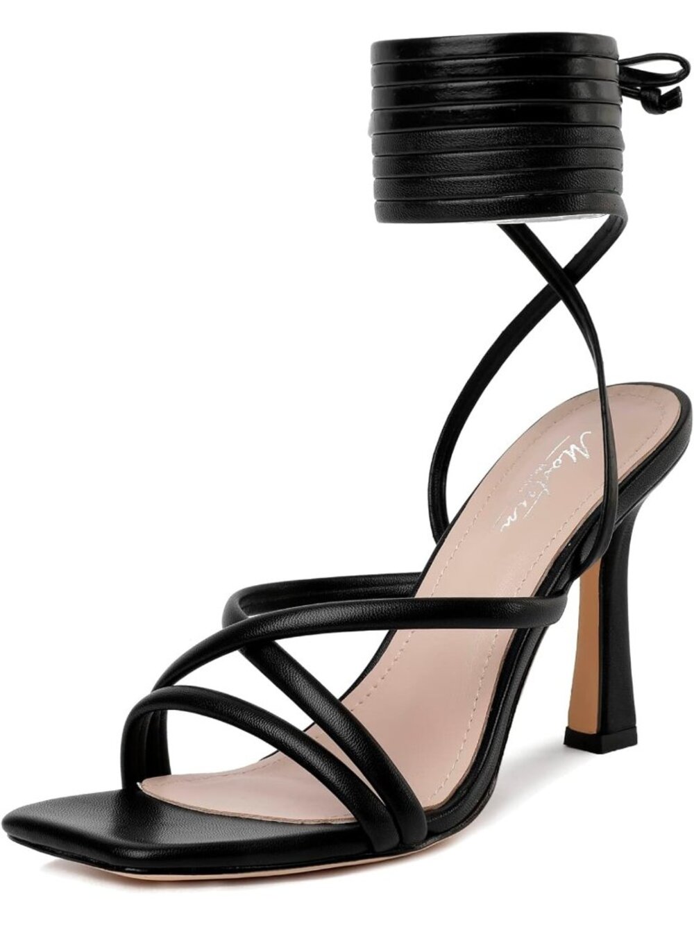 Women's Black Strappy Heels Lace Up Square Open Toe Heels Tie Up High Heels